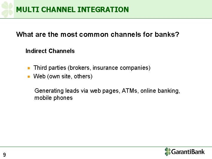 MULTI CHANNEL INTEGRATION What are the most common channels for banks? Indirect Channels Third
