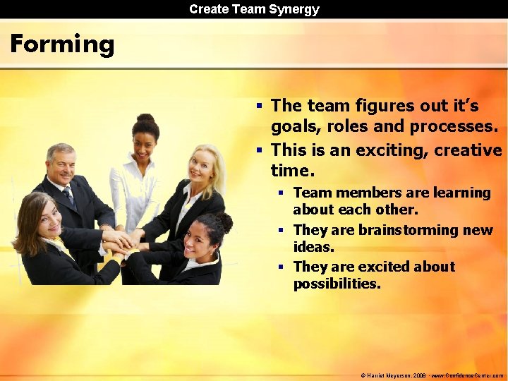 Create Team Synergy Forming § The team figures out it’s goals, roles and processes.