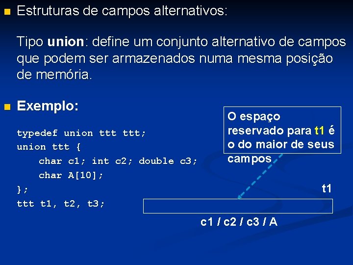 n Estruturas de campos alternativos: Tipo union: define um conjunto alternativo de campos que