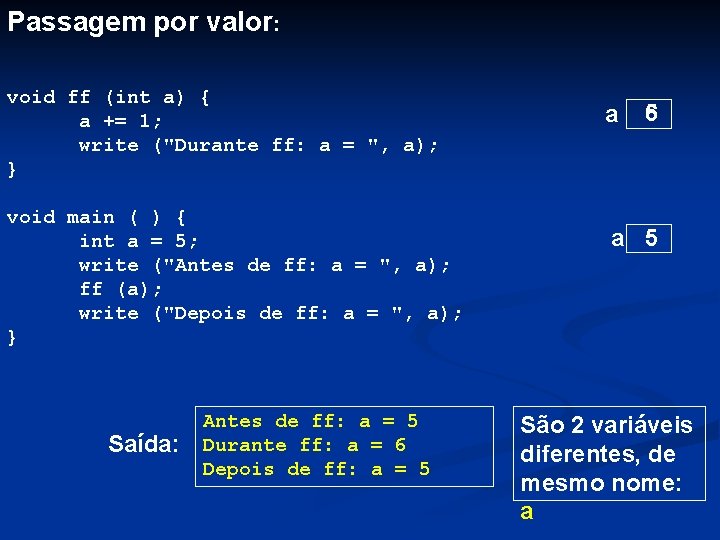 Passagem por valor: void ff (int a) { a += 1; write ("Durante ff: