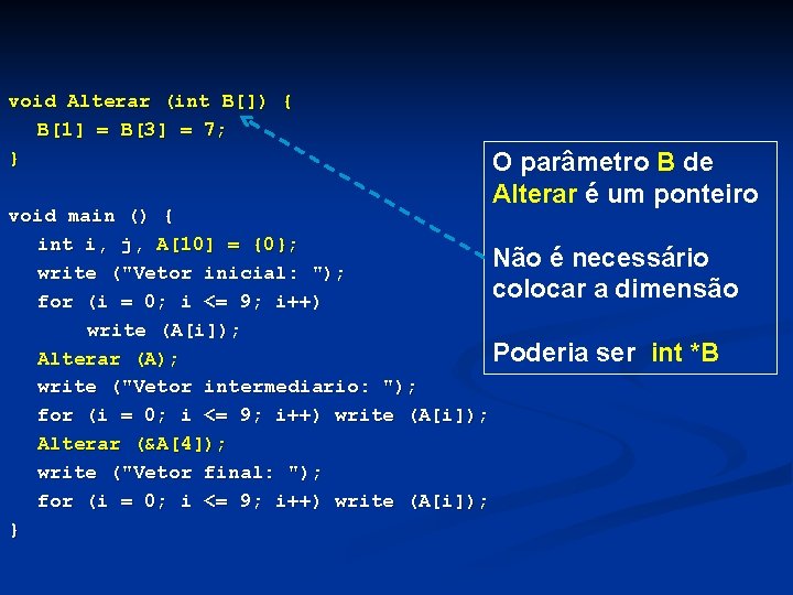 void Alterar (int B[]) { B[1] = B[3] = 7; } O parâmetro B