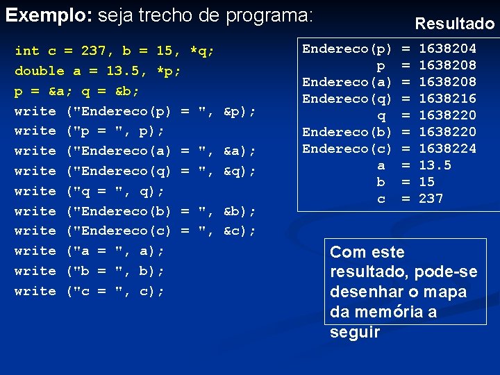 Exemplo: seja trecho de programa: int c = 237, b = 15, *q; double