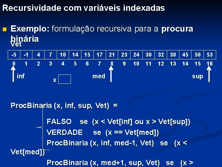 Recursividade com variáveis indexadas n Exemplo: formulação recursiva para a procura binária Vet -5