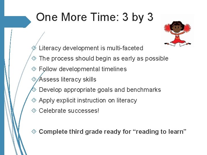 One More Time: 3 by 3 Literacy development is multi-faceted The process should begin