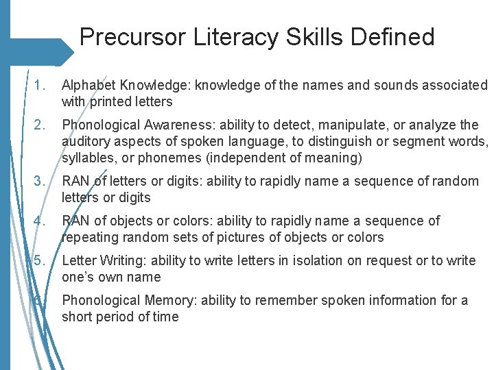 Precursor Literacy Skills Defined 1. Alphabet Knowledge: knowledge of the names and sounds associated