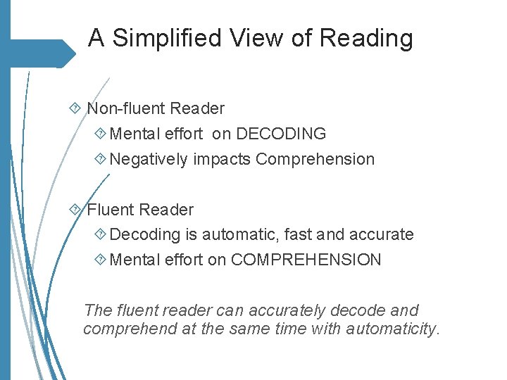A Simplified View of Reading Non-fluent Reader Mental effort on DECODING Negatively impacts Comprehension