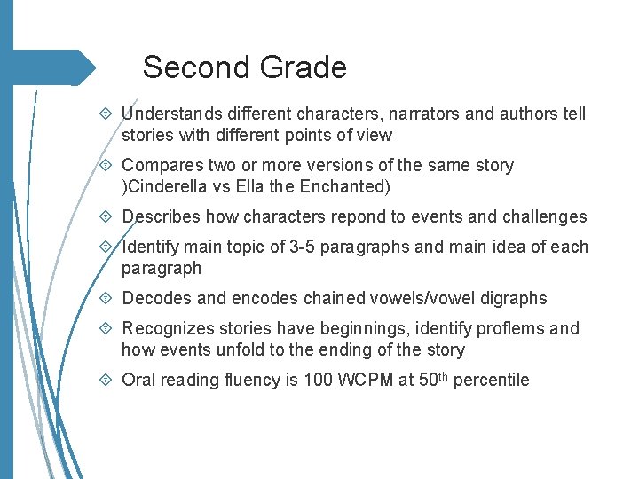 Second Grade Understands different characters, narrators and authors tell stories with different points of