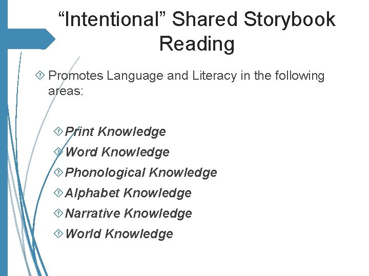 “Intentional” Shared Storybook Reading Promotes Language and Literacy in the following areas: Print Knowledge