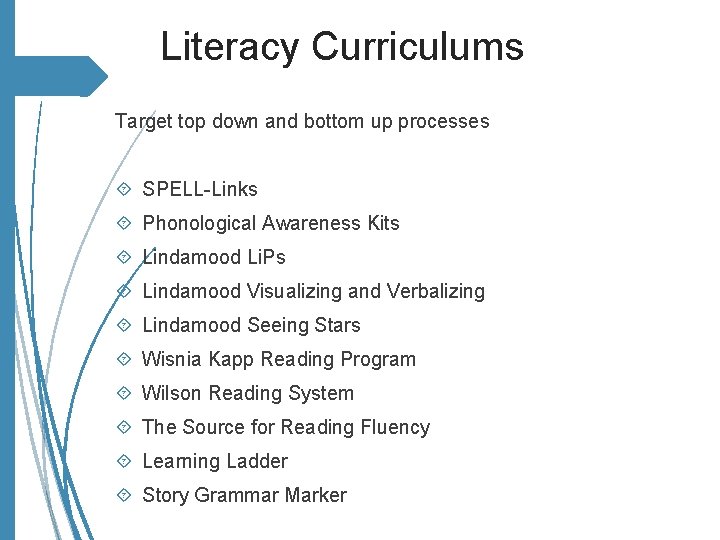 Literacy Curriculums Target top down and bottom up processes SPELL-Links Phonological Awareness Kits Lindamood