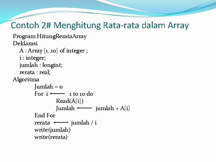 Contoh 2# Menghitung Rata-rata dalam Array Program Hitung. Rerata. Array Deklarasi A : Array