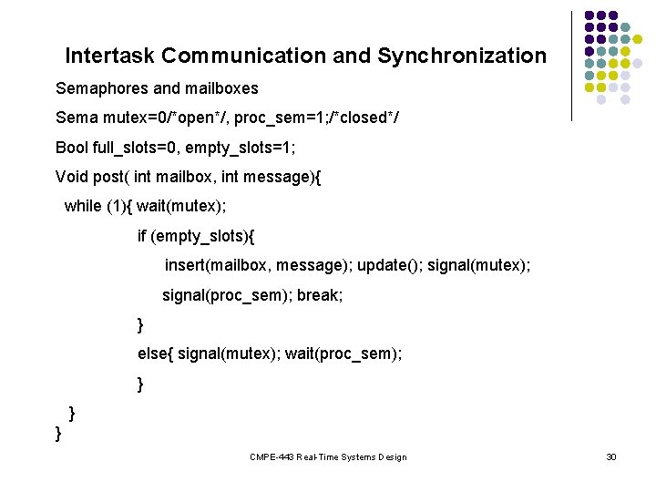 Intertask Communication and Synchronization Semaphores and mailboxes Sema mutex=0/*open*/, proc_sem=1; /*closed*/ Bool full_slots=0, empty_slots=1;