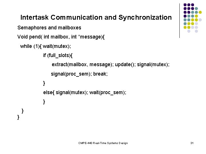 Intertask Communication and Synchronization Semaphores and mailboxes Void pend( int mailbox, int *message){ while