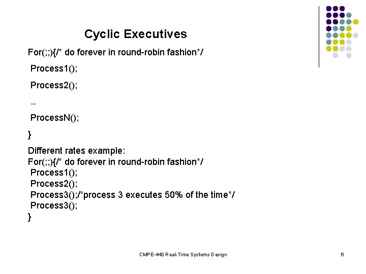 Cyclic Executives For(; ; ){/* do forever in round-robin fashion*/ Process 1(); Process 2();