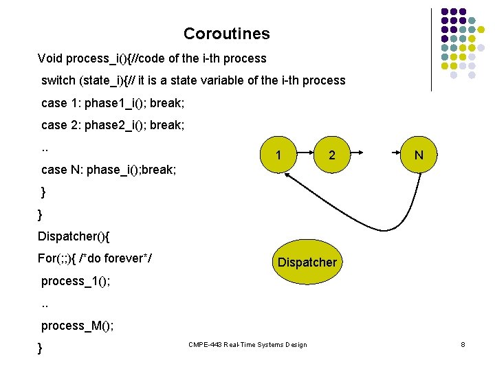 Coroutines Void process_i(){//code of the i-th process switch (state_i){// it is a state variable