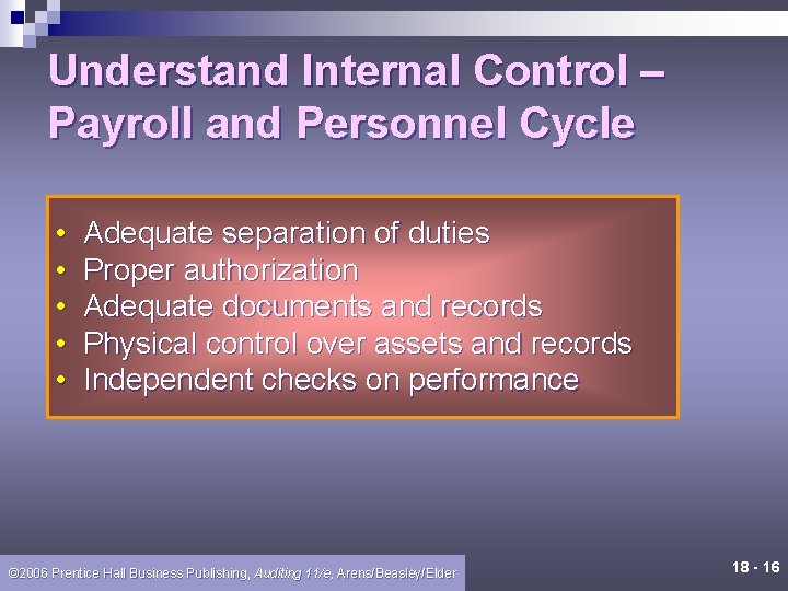 Understand Internal Control – Payroll and Personnel Cycle • • • Adequate separation of