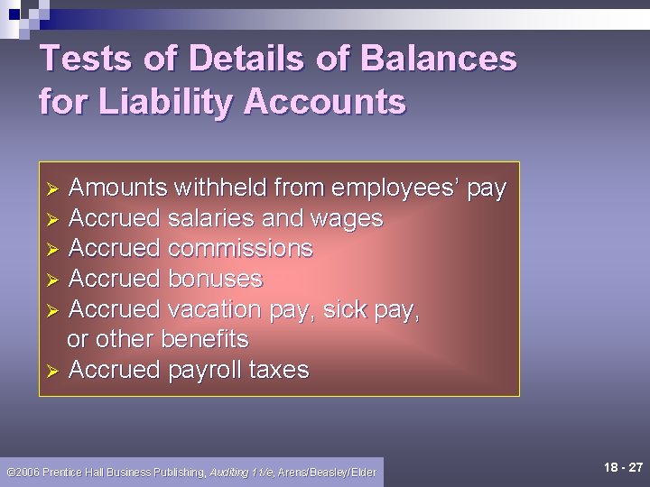 Tests of Details of Balances for Liability Accounts Amounts withheld from employees’ pay Ø