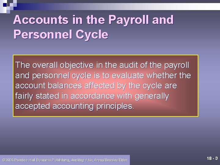 Accounts in the Payroll and Personnel Cycle The overall objective in the audit of