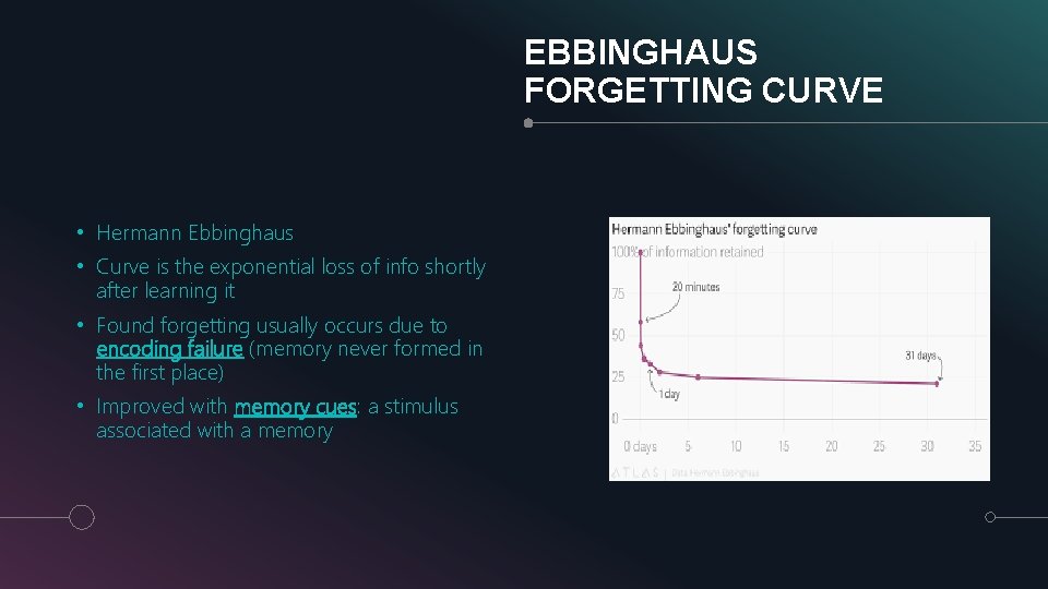 EBBINGHAUS FORGETTING CURVE • Hermann Ebbinghaus • Curve is the exponential loss of info