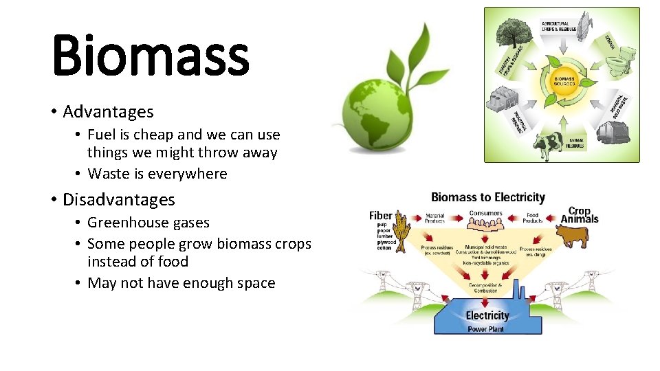 Biomass • Advantages • Fuel is cheap and we can use things we might