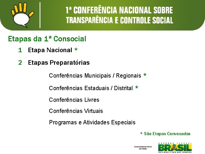Etapas da 1ª Consocial 1 Etapa Nacional * 2 Etapas Preparatórias Conferências Municipais /