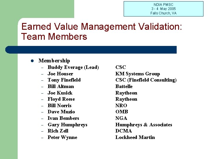 NDIA PMSC 3 - 4 May 2005 Falls Church, VA Earned Value Management Validation: