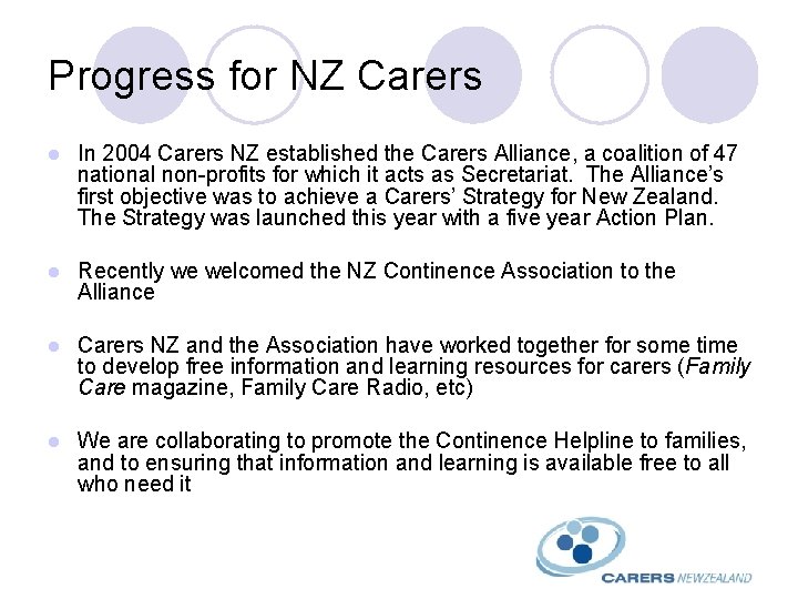 Progress for NZ Carers l In 2004 Carers NZ established the Carers Alliance, a