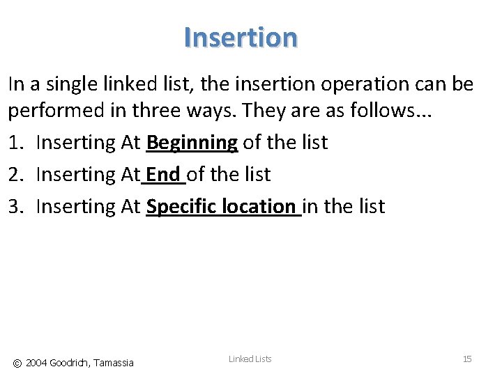 Insertion In a single linked list, the insertion operation can be performed in three