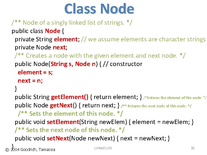 Class Node /** Node of a singly linked list of strings. */ public class