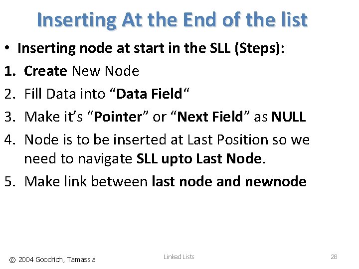 Inserting At the End of the list • Inserting node at start in the