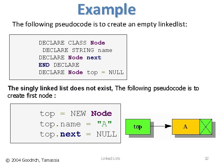 Example The following pseudocode is to create an empty linkedlist: DECLARE CLASS Node DECLARE