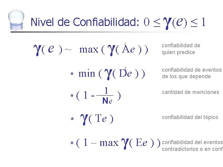 Nivel de Confiabilidad: 0 ≤ γ( e ) ~ * γ (e ) ≤