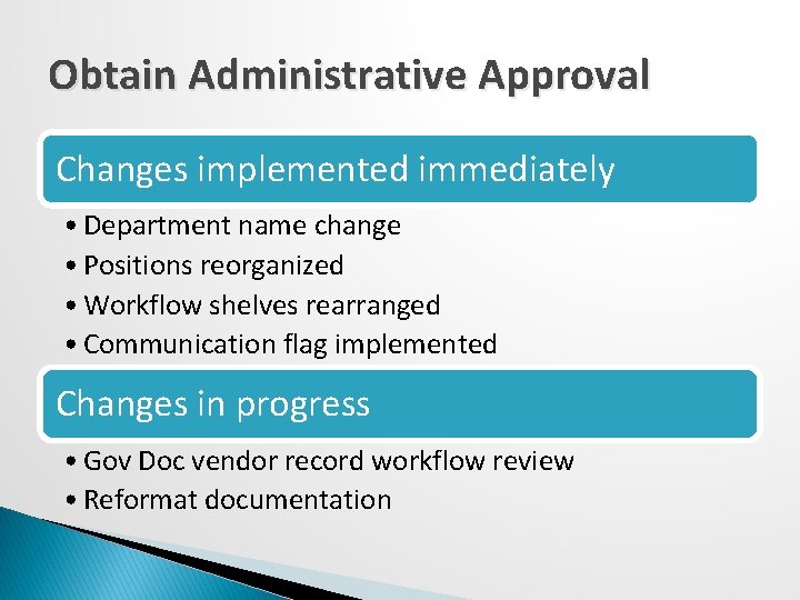 Obtain Administrative Approval Changes implemented immediately • Department name change • Positions reorganized •