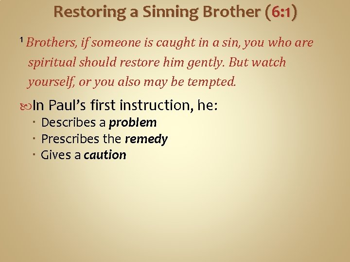 Restoring a Sinning Brother (6: 1) 1 Brothers, if someone is caught in a