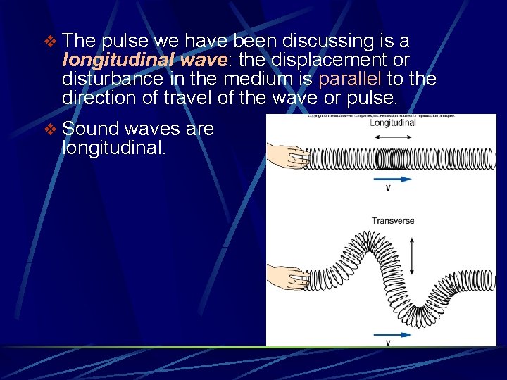 v The pulse we have been discussing is a longitudinal wave: the displacement or