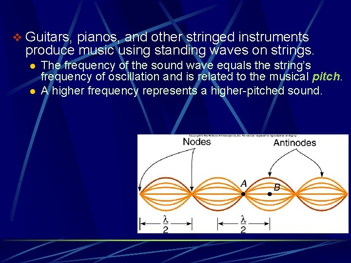 v Guitars, pianos, and other stringed instruments produce music using standing waves on strings.