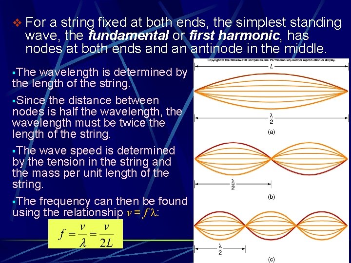 v For a string fixed at both ends, the simplest standing wave, the fundamental