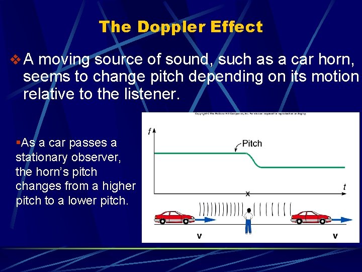 The Doppler Effect v A moving source of sound, such as a car horn,