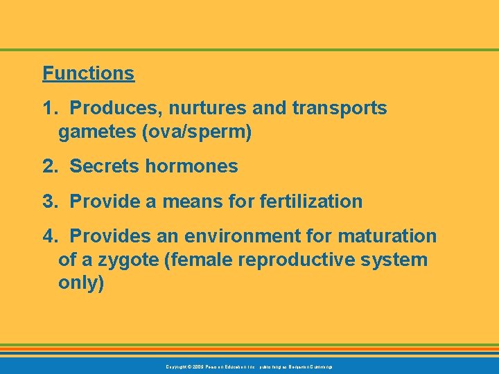 Functions 1. Produces, nurtures and transports gametes (ova/sperm) 2. Secrets hormones 3. Provide a