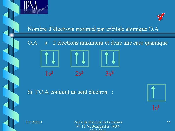 4 Nombre d’électrons maximal par orbitale atomique O. A s 2 électrons maximum et