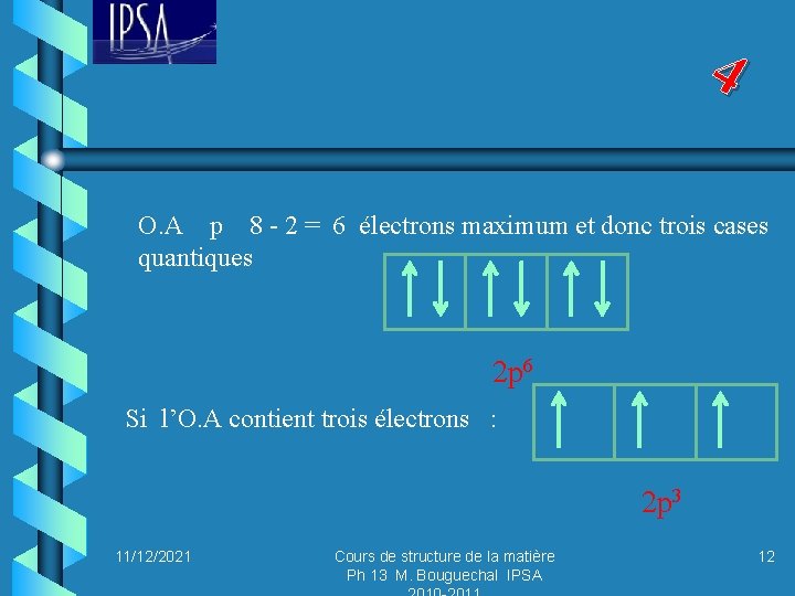 4 O. A p 8 - 2 = 6 électrons maximum et donc trois