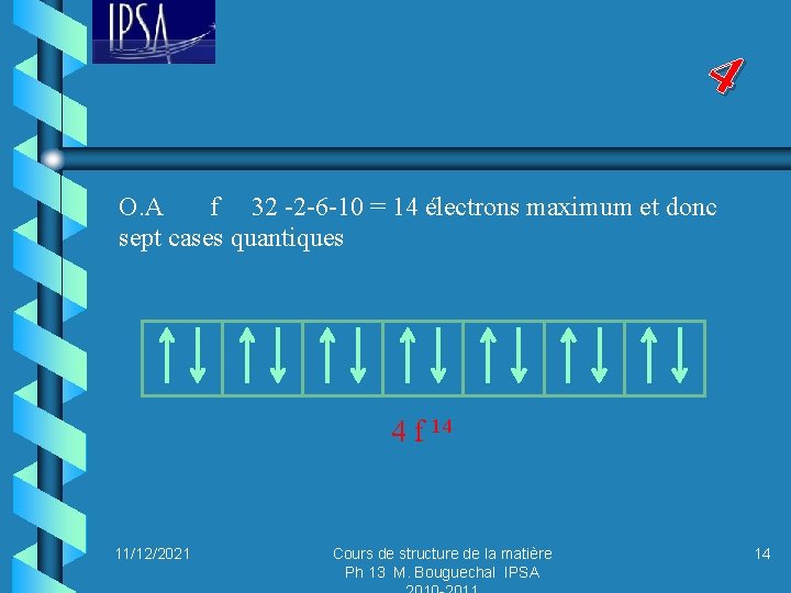 4 O. A f 32 -2 -6 -10 = 14 électrons maximum et donc