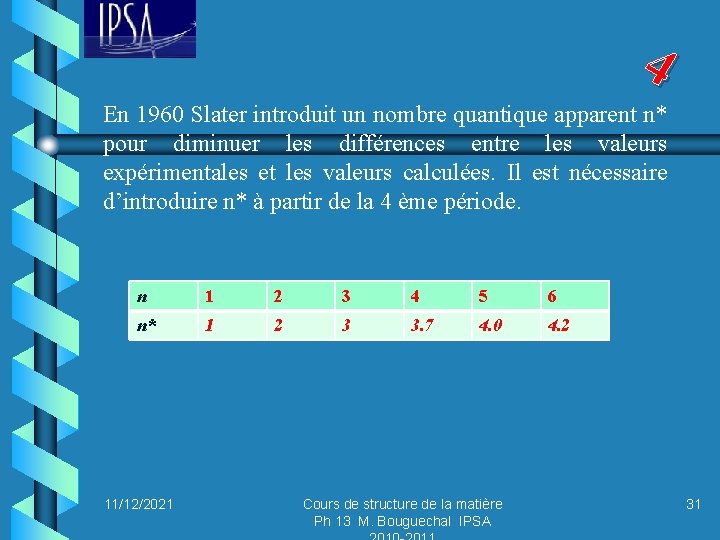 4 En 1960 Slater introduit un nombre quantique apparent n* pour diminuer les différences