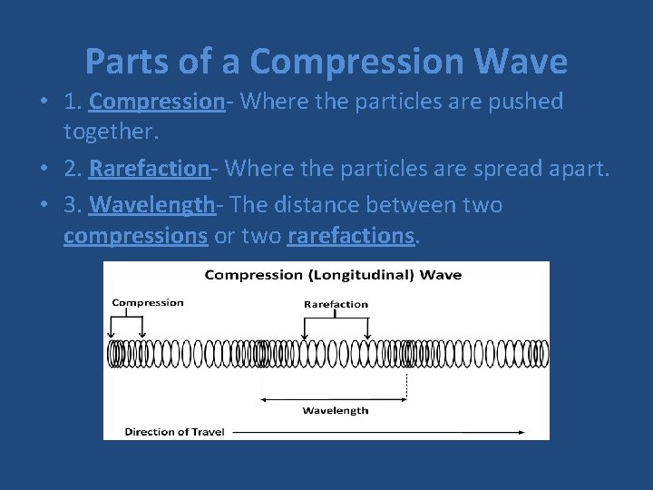 Parts of a Compression Wave • 1. Compression- Where the particles are pushed together.