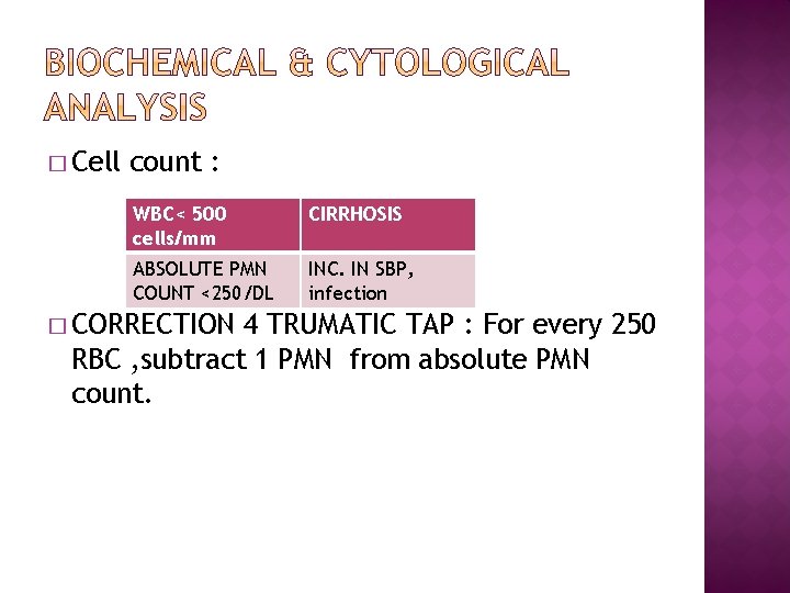 � Cell count : WBC< 500 cells/mm CIRRHOSIS ABSOLUTE PMN COUNT <250/DL INC. IN