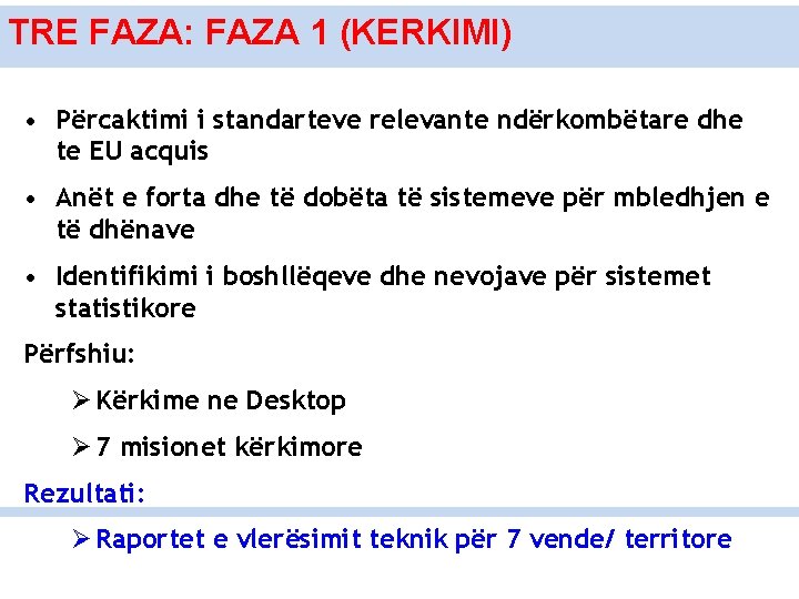 TRE FAZA: FAZA 1 (KERKIMI) • Përcaktimi i standarteve relevante ndërkombëtare dhe te EU