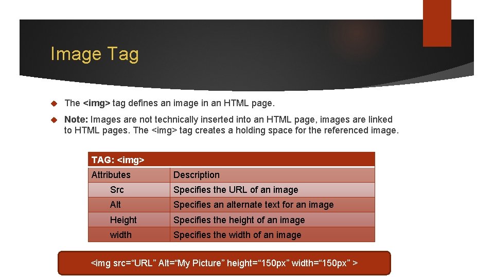 Image Tag The <img> tag defines an image in an HTML page. Note: Images