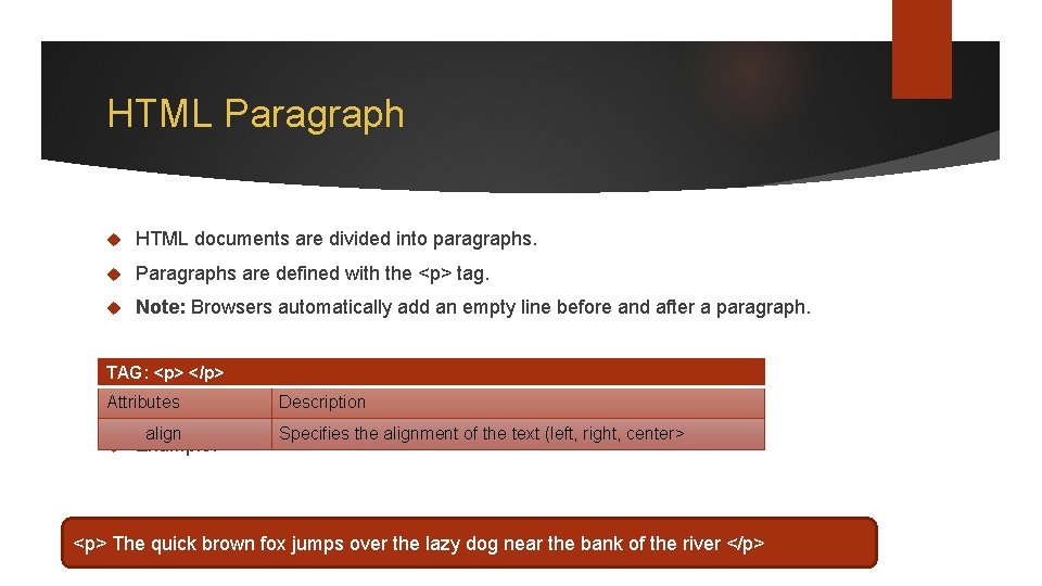 HTML Paragraph HTML documents are divided into paragraphs. Paragraphs are defined with the <p>