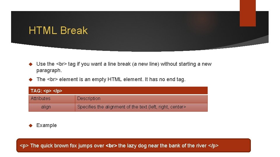 HTML Break Use the tag if you want a line break (a new line)