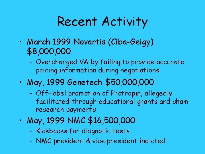 Recent Activity • March 1999 Novartis (Ciba-Geigy) $8, 000 – Overcharged VA by failing