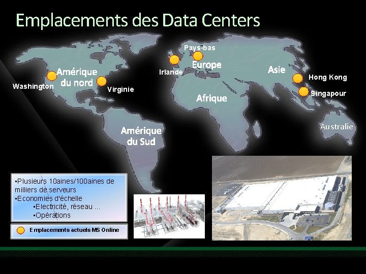 Emplacements des Data Centers Pays-bas Irlande Washington Virginie Hong Kong Singapour Australie • Plusieurs